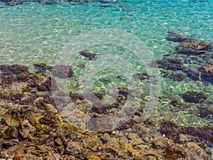 Crystal clear blue water and rocky shore