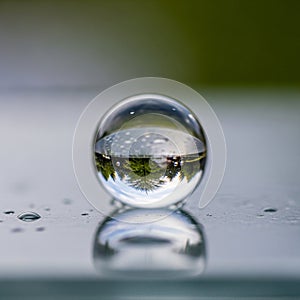 A crystal-clear glass sphere on a reflective surface shows an inverted image of a tree-