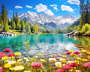 Crystal clear lake with colorful flowers in focus and mountn peaks in the background. photo