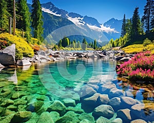 Crystal clear lake with colorful flowers in focus and mountn peaks in the background. photo