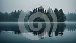 Crystal clear lake enveloped in fog surrounded by towering trees that reach up towards the sky