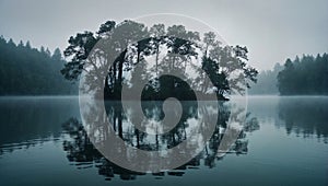 Crystal clear lake enveloped in fog surrounded by towering trees that reach up towards the sky