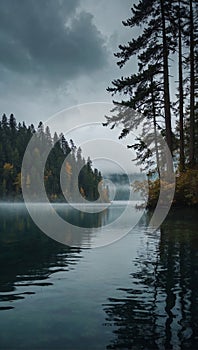 Crystal clear lake enveloped in fog surrounded by towering trees that reach up towards the sky