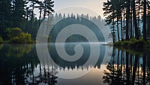 Crystal clear lake enveloped in fog surrounded by towering trees that reach up towards the sky