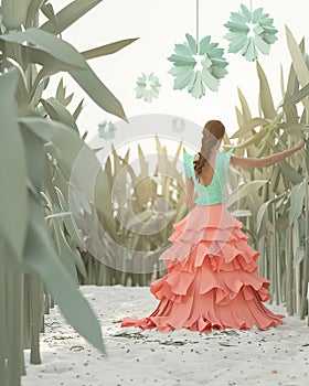In the crystal clear morning light, a Flamenco dancer twirls among maize stalks photo