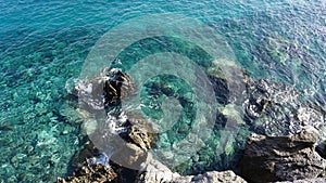 Crystal clear ocen water with volcanic rocks visible on the bottom