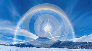 A crystal clear sky frames a full circle rainbow and solar halo, enhancing the majesty of the snowy mountain peak