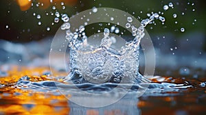 Crystal clear water flows from the hand, creating a splash in the form of a crown, in the light of sunset, banner