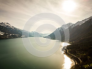 The crystal clear water of Lake Brienz in the Swiss Alps