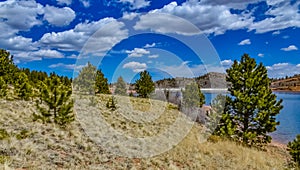 Crystal Creek reservoir near snow-capped mountains Pikes Peak Mountains in Colorado Spring, US