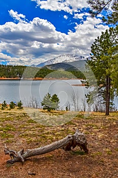 Crystal Creek reservoir near snow-capped mountains Pikes Peak Mountains in Colorado Spring, US