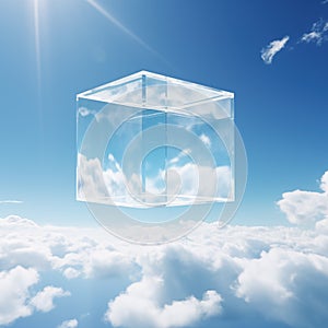 Crystal Cube Floating Above Clouds in Blue Sky