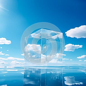 Crystal Cube Reflecting Serene Sky
