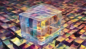 a crystal cube reflects colored rays