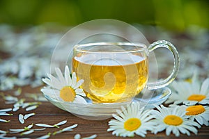 Crystal cup with green tea on table