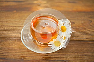 Crystal cup with green tea on table