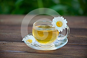 Crystal cup with green tea on table