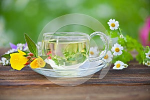 Crystal cup with green tea on table