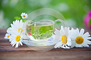 Crystal cup with green tea on table