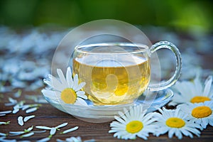 Crystal cup with green tea on table