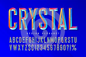 Crystal display font with facets, alphabet, letters and numbers.