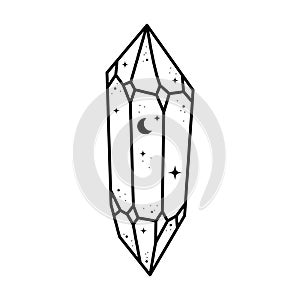 Crystal drawing. Cute astrology crystals with ctars and moon. Mystical tshirt print. Magic celestial element.