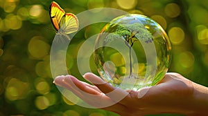 crystal earth globe and growing tree in human hand under sunny backdrop