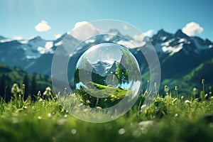 Crystal Earth on green grass in the mountains. Save the environment. Earth Day concept