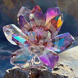 Crystal flower sculpture with refracted light on a bokeh background
