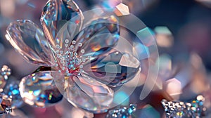 Crystal flower sculpture with refracted light on a bokeh background