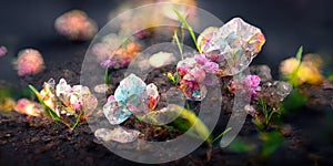 Crystal flowers background. Beautiful close up image with green leaves and colorful gem stone flowers. Generative Ai