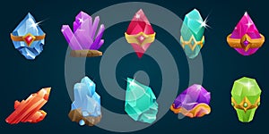 Crystal gem stones set, magic precious colorful gemstones from treasure jewel collection