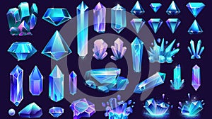 Crystal gems in blue light, mineral stones in jewel-rock color, blue crystal gems, historical gems, neon glowing