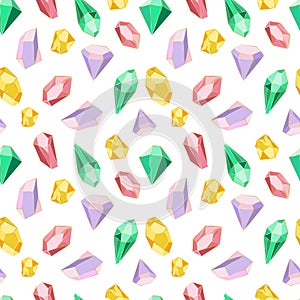 Crystal gemstone, quartz jewellery pattern. Fabric print, gem stones, golden diamonds background. Decor textile