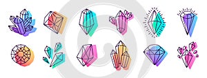 Crystal gemstones. Hand drawn colorful gems, line art crystals flat vector illustration set