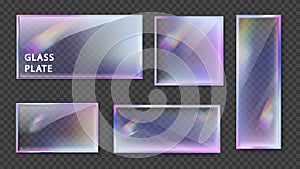 Crystal glass banner refraction and holographic effect isolated on black background. Transparent glass plate with