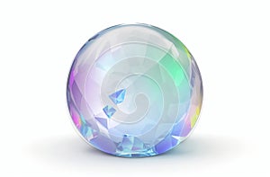 Crystal glass bubble with refraction and holographic effect isolated on white background