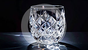 Crystal glass with diamondcut pattern on black surface with spotlight