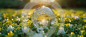 Crystal glass globe ball on a fresh juicy grass lawn background. Ecological concept. Card for World Earth Day. Ray of
