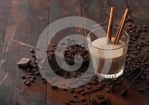 Crystal glass of Irish cream baileys liqueur with cinnamon, coffee beans and powder with dark chocolate on dark wood background