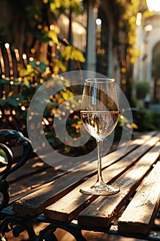 Crystal glass of sparkling wine or champagne on a table at sunlit summer terrace in a vintage style. Summer drinks concept