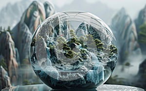 A crystal glass terrarium captures a lush mountain oasis with waterfalls, inviting a sense of peace into any indoor