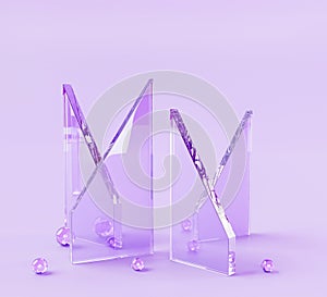 Crystal glass triangle plate frame with water drops or liquid bubbles 3d render. Transparent clear broken rectangle