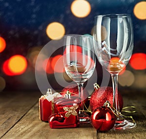 Crystal glasses with Christmas lights background. Christmas part