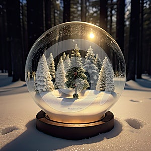 Crystal globe with christmas snowy fir tree in the winter forest. 3d render