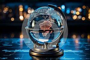 A crystal globe encased in stock data, a fusion of finance and world