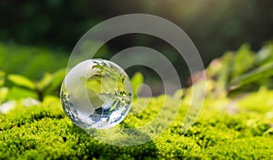 crystal globe glass resting on moss stone with sunshine in nature forset. eco  environment concept