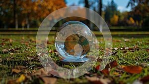 Crystal Globe on Grassy Field with autumn leaves, World Environment Concept