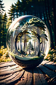 Crystal globe on moss in a forest - environment concept. Generative AI