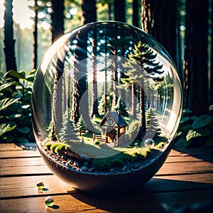 Crystal globe on moss in a forest - environment concept. Generative AI